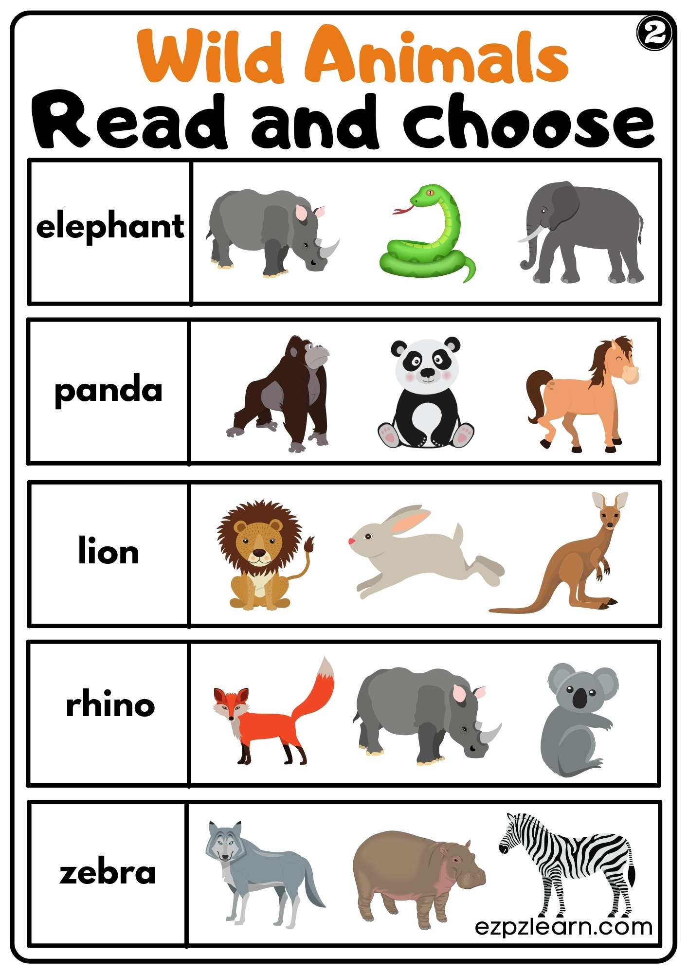 Wild Animals Read and Choose Worksheet Set 2 For kids and ESL PDF Download